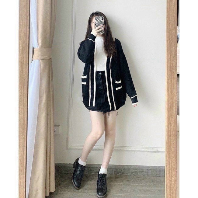 Áo khoác cardigan len viền sọc có túi thơi trang