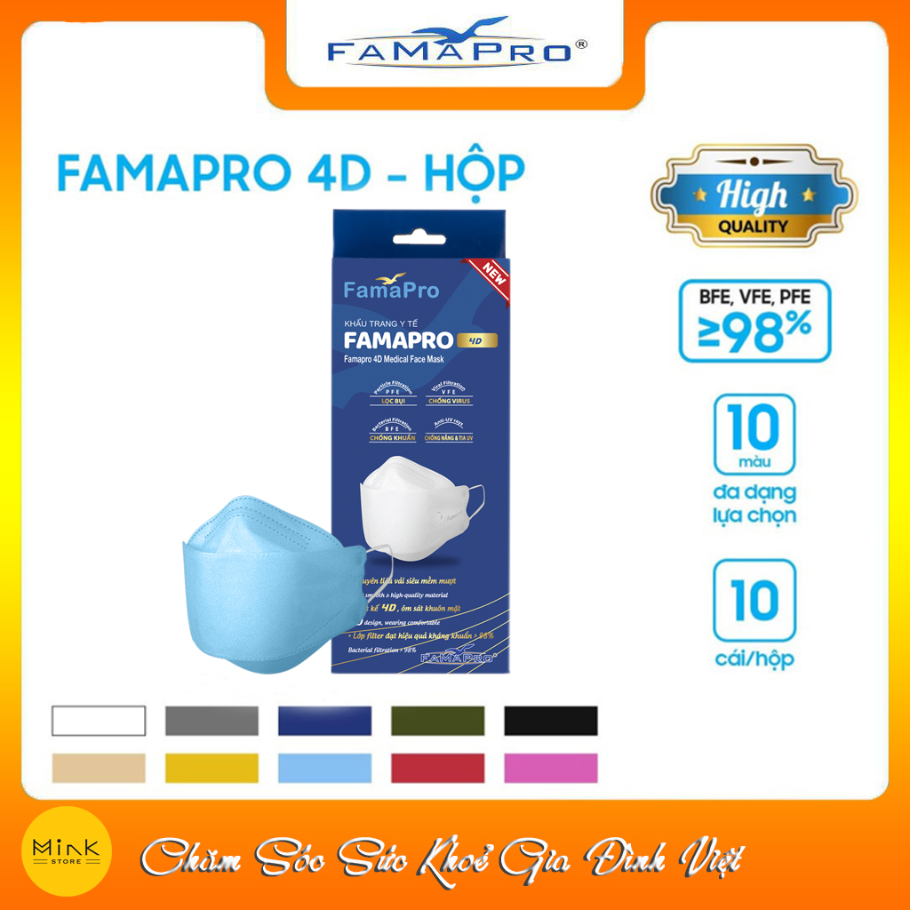 [THÙNG XANH - FAMAPRO 4D] - Khẩu trang y tế kháng khuẩn cao cấp Famapro 4D tiêu chuẩn KF94 (500 cái/thùng)