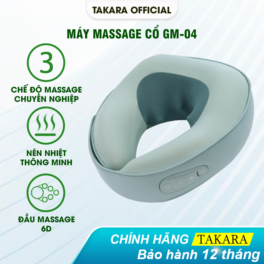 Gối Massage Cổ Cao Cấp TAKARA GM-04, Máy Mát Xa Cổ Chữ U Với 3 Mức Nhiệt Chườm Nóng Giảm Đau Mỏi