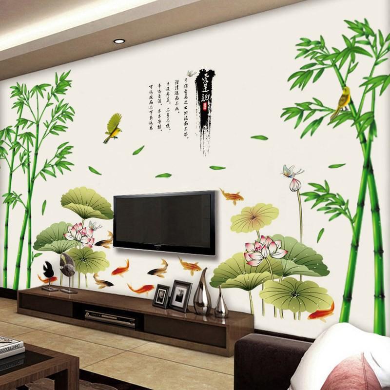 Decal dán tường combo 2 tranh tre xanh + cá và sen