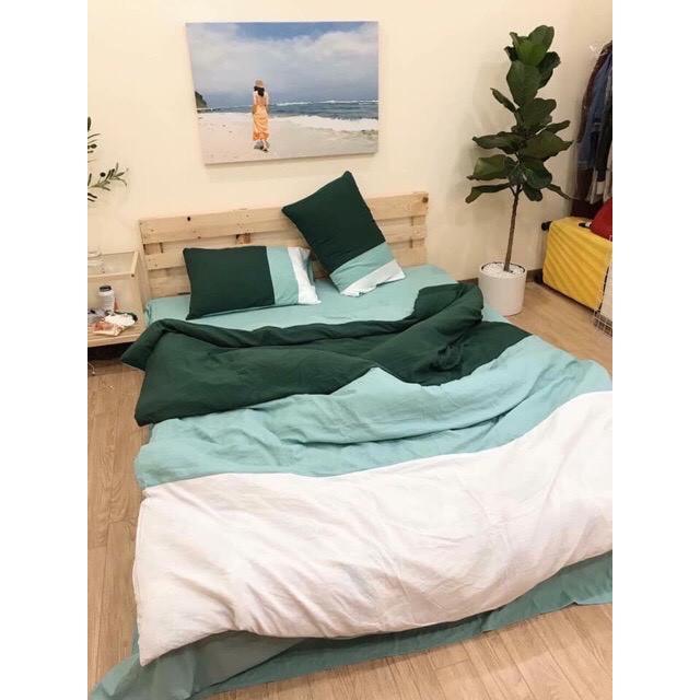 Bộ chăn ga cotton đũi cao cấp nhập khẩu Hàn Quốc pha màu 4 món chất mát lạnh