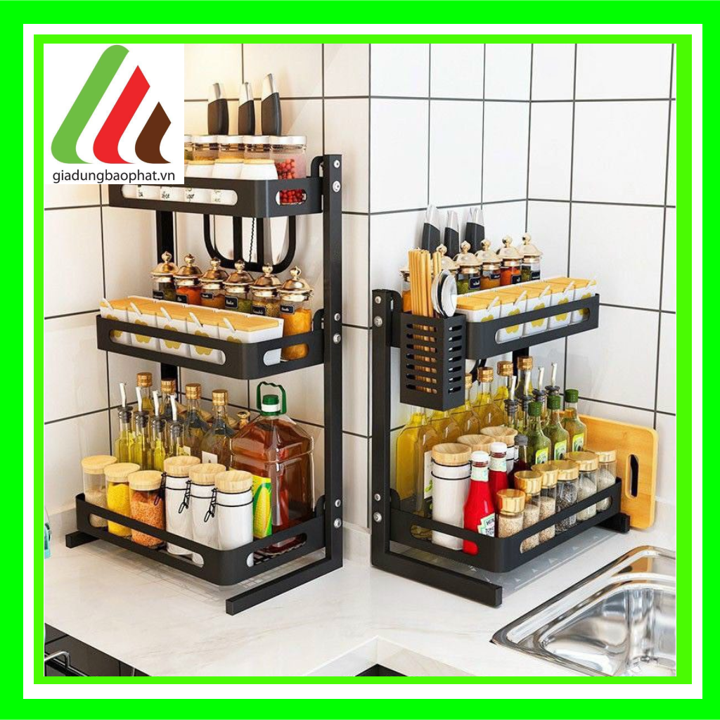 Kệ đựng gia vị 3 tầng sắt sơn tĩnh điện đa năng giúp sắp xếp gọn gàng nhà bếp sạch sẽ
