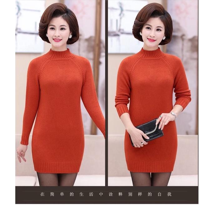 Áo len nữ trung niên dáng dài, váy len body dáng ngắn cổ cao cho bà cho mẹ