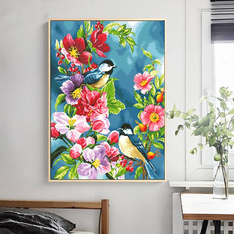 Tranh thêu kín Hoa và đôi chim D09148, kích thước 50*70 cm