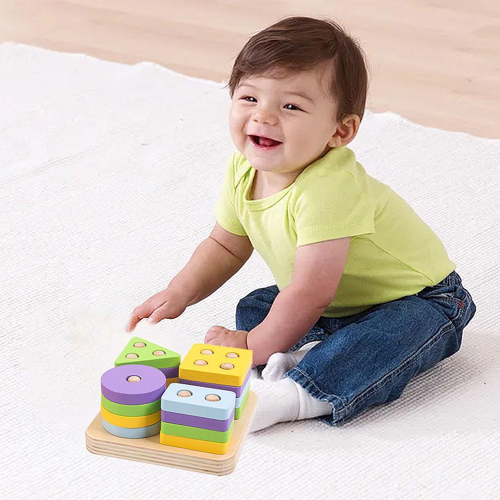 Wooden Shape Matching Stacking Toys Blocks Sensory Learning Toys for Kids A