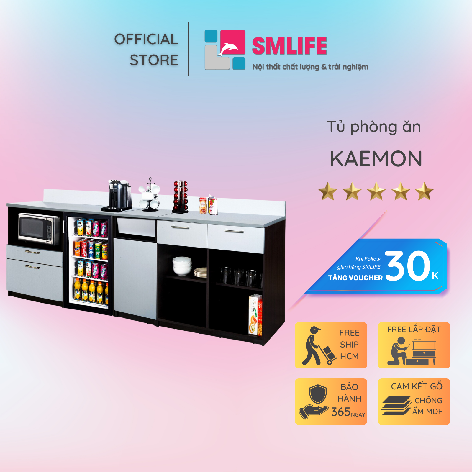 Kệ gỗ nhà bếp hiện đại SMLIFE Kaemon | Gỗ MDF dày 17mm chống ẩm | D245xR60xC137cm