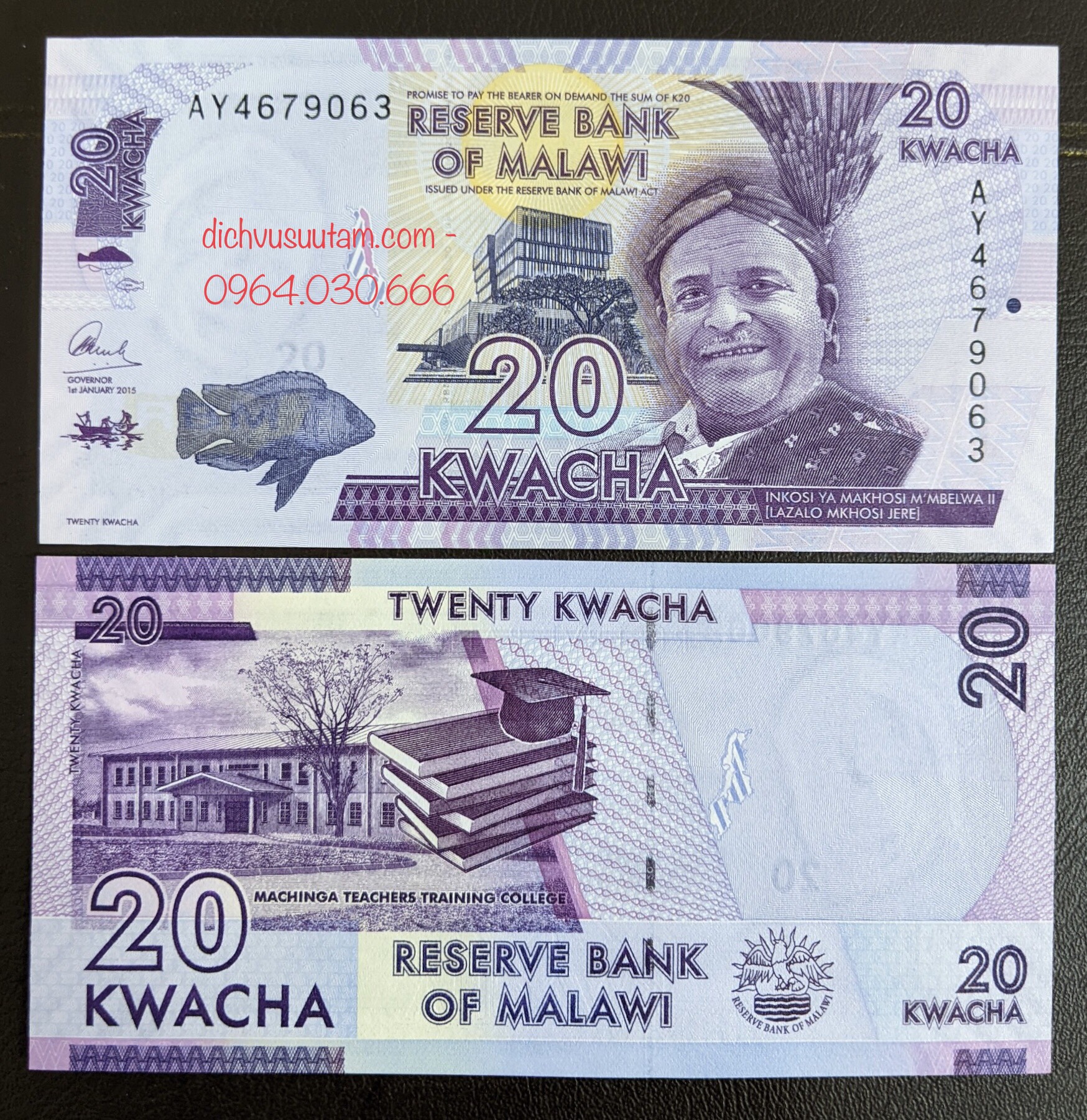 Tiền châu Phi sưu tầm 20 kwacha Cộng hòa Malawi mới cứng