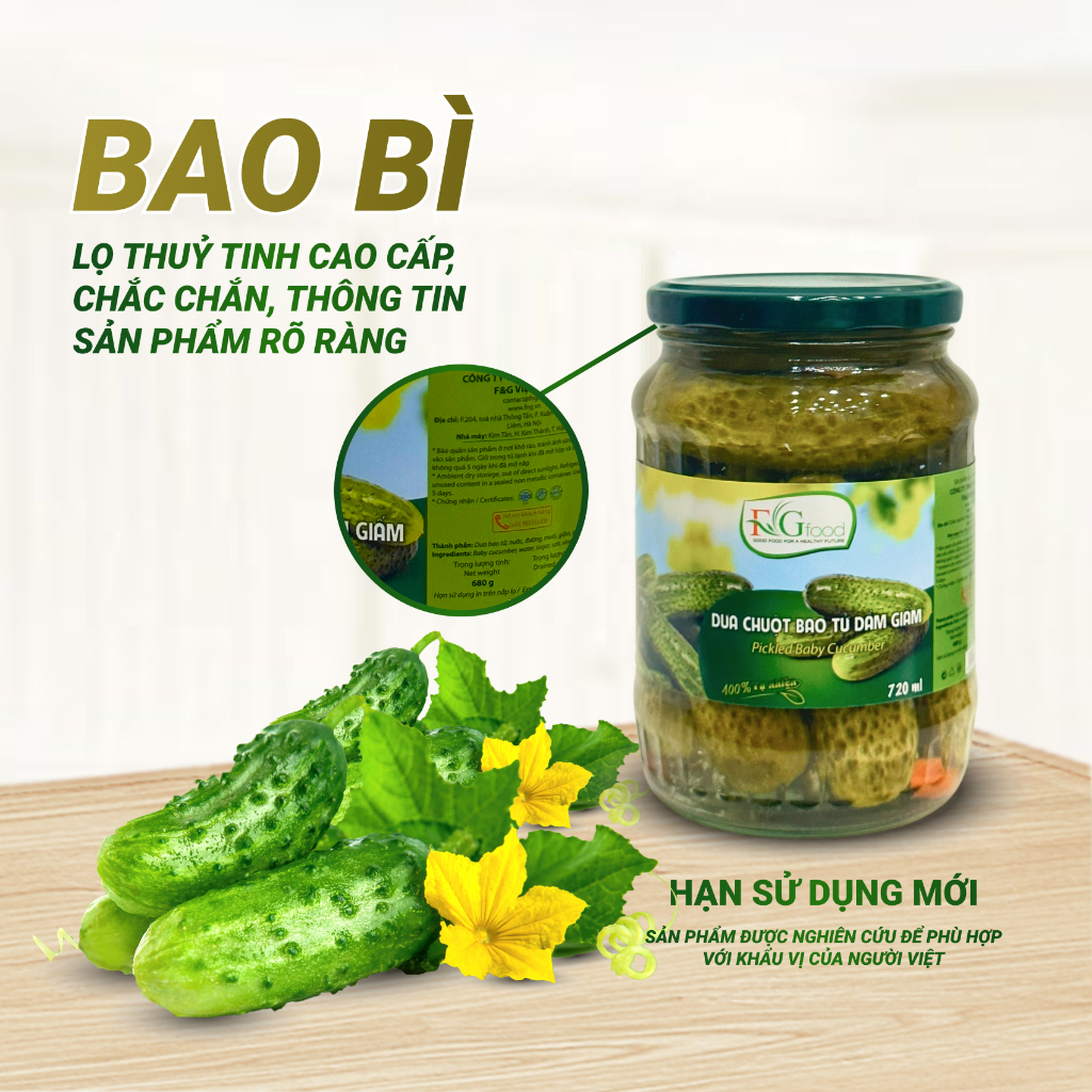 Dưa Chuột Bao Tử Ngâm F&amp;G Food Size 6-9, Hũ Lớn 720gr Ăn Kèm Thịt Nướng, Làm Gỏi Trộn