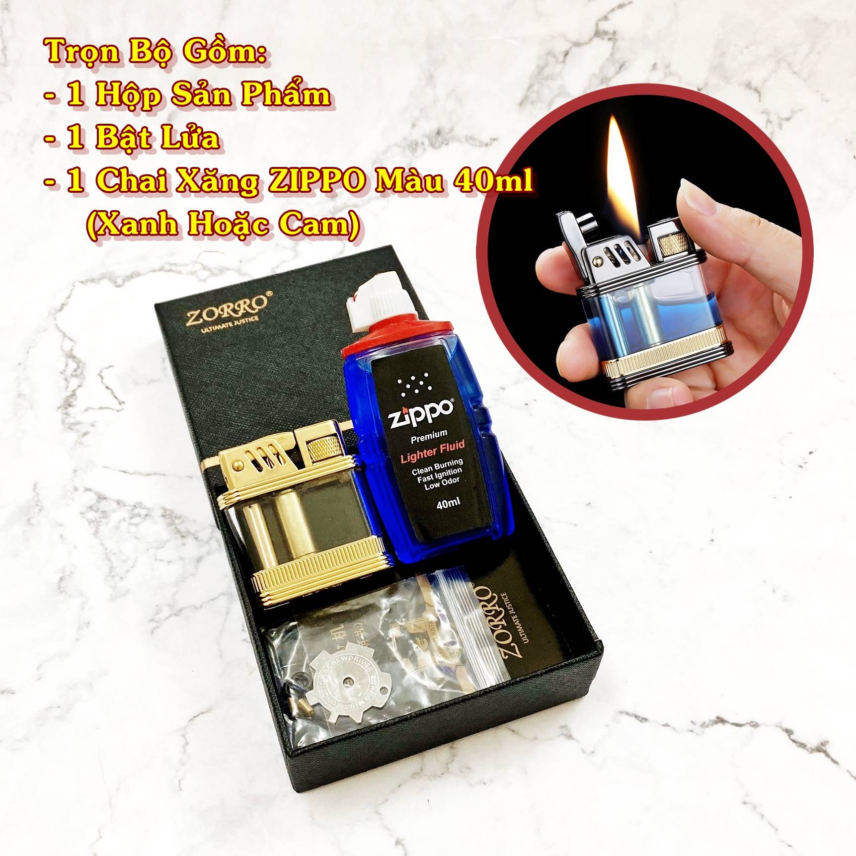 SET Bật lửa hột quẹt xăng lộ thiên Z716 tặng kèm chai xăng - xài xăng