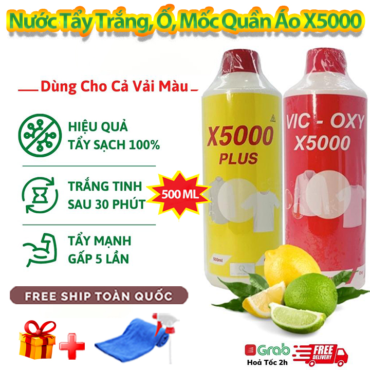 [Tặng Vòi Xịt] Nước Tẩy Quần Áo VIC OXY X5000 Tẩy Mốc, Ố Vàng, Lem Màu 500ml Tẩy Trắng Đánh Bay Mọi Vết Bẩn