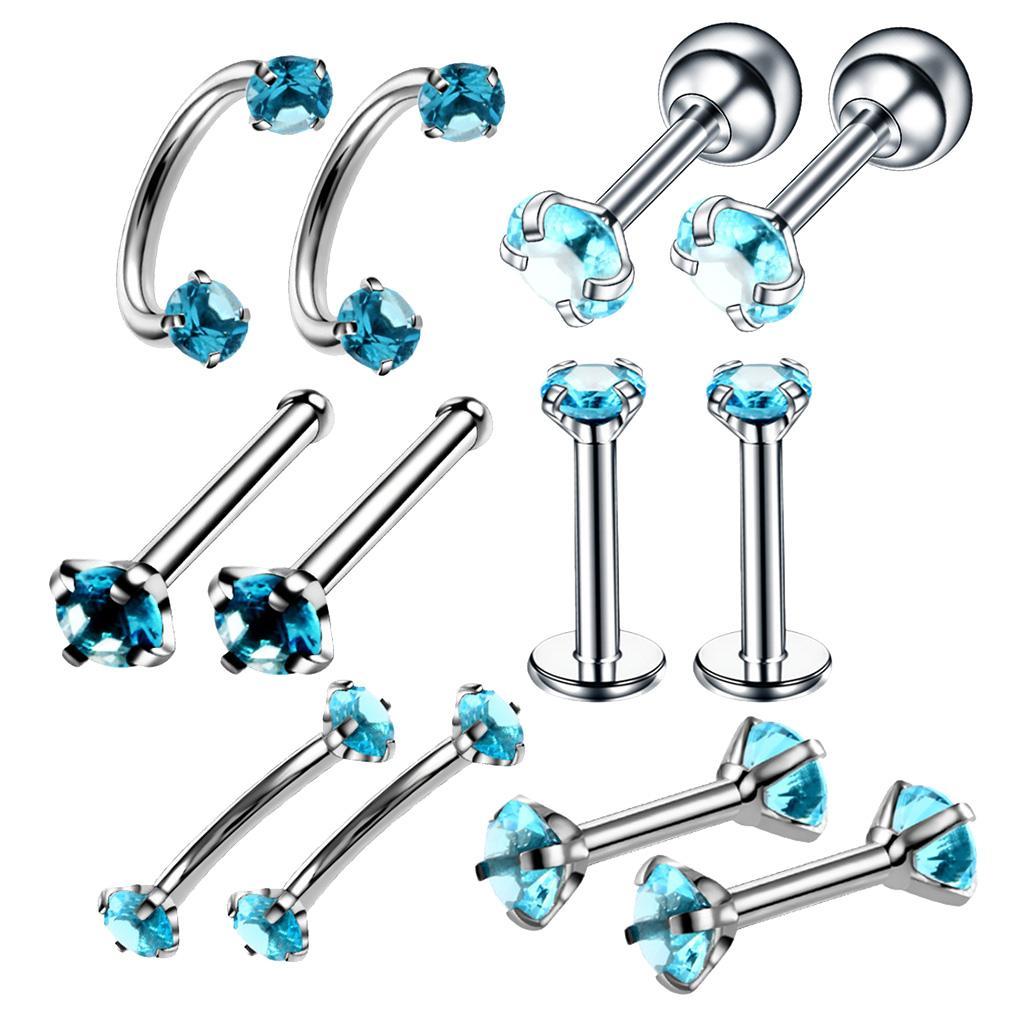 2x12pcs Stainless Steel Colored Zircon Lip Nose Nail Piercing Jewelry Blue