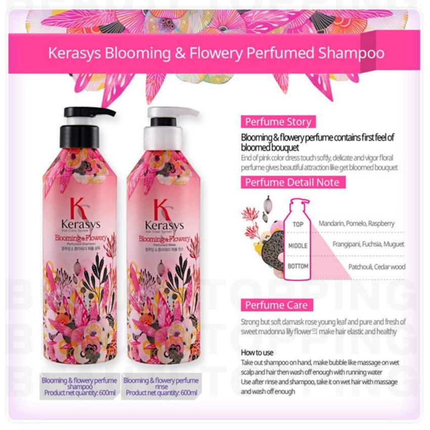 Cặp dầu gội/xả nước hoa KeraSys Blooming&amp; flowery - Hương tuyết tùng và linh lan Hàn Quốc (2x600ml) tặng kèm móc khoá