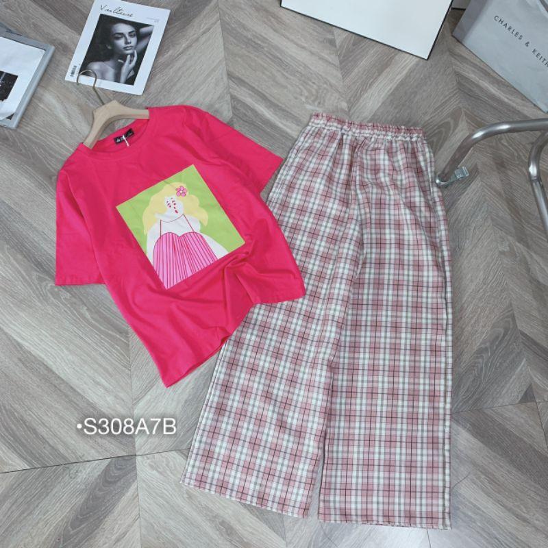 Set bộ QC búp bê quần caro ống rộng, Set caro ống rộng áo búp bê hồng