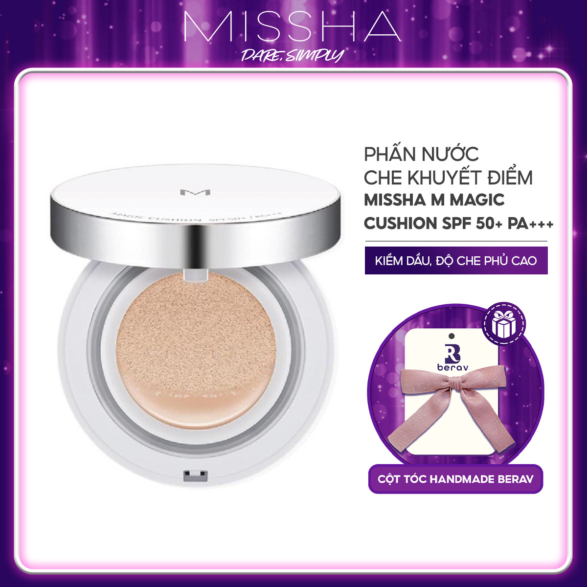 Phấn Nước MISSHA Che Khuyết Điểm Hoàn Hảo, Kiềm Dầu Missha M Magic Cushion SPF 50+ PA+++ 15g - Tặng Kèm Cột Tóc Nơ BERAV Handmade Annie Ribbon