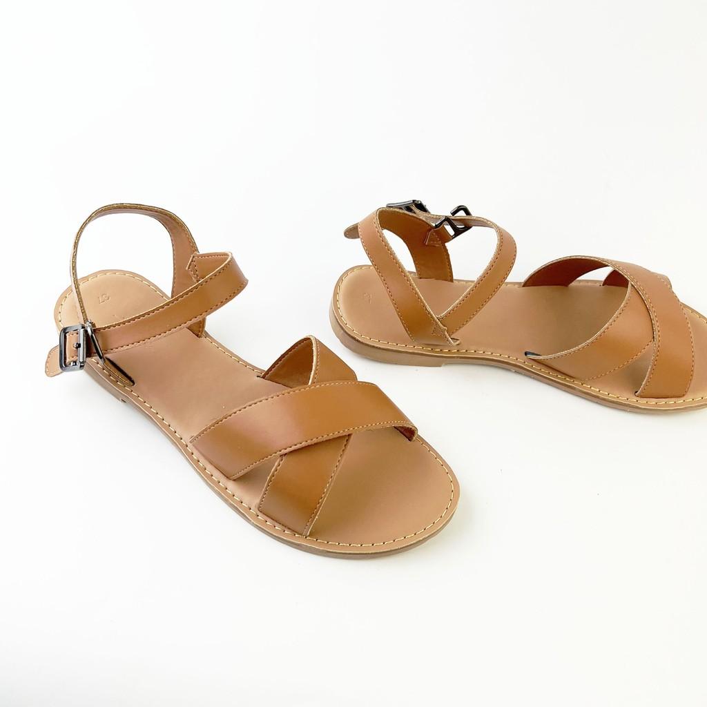 Sandal nữ đế bệt cao 1cm đi học mũi tròn quai hậu chéo có Bigsize HISHOO S037