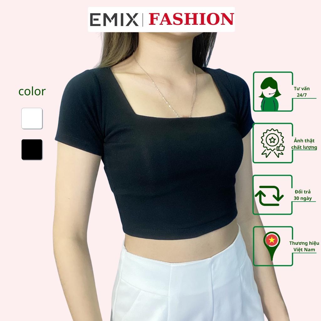 Áo thun croptop nữ EMIX (2 màu), dài 40cm, ngắn tay, cổ vuông, ôm eo, chất díp co giãn, mềm mát, tôn dáng