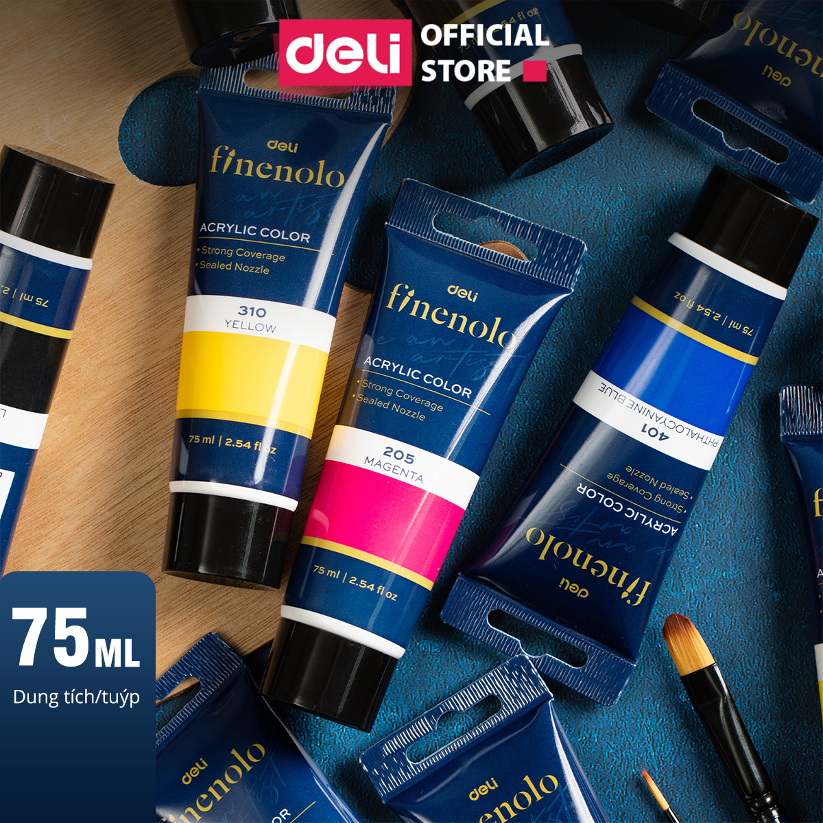 Màu Acrylic Tuýp 75Ml Đủ Màu Finenolo Cao Cấp Deli - Tô Đất Sét, Đất Nặn Tự Khô, Vẽ Túi Vải Tote, Quần Áo Diy, Giày, Tranh Tường, Đa Chất Liệu, Tươi Sáng, Nhanh Khô - Ec75 - Vàng Chanh