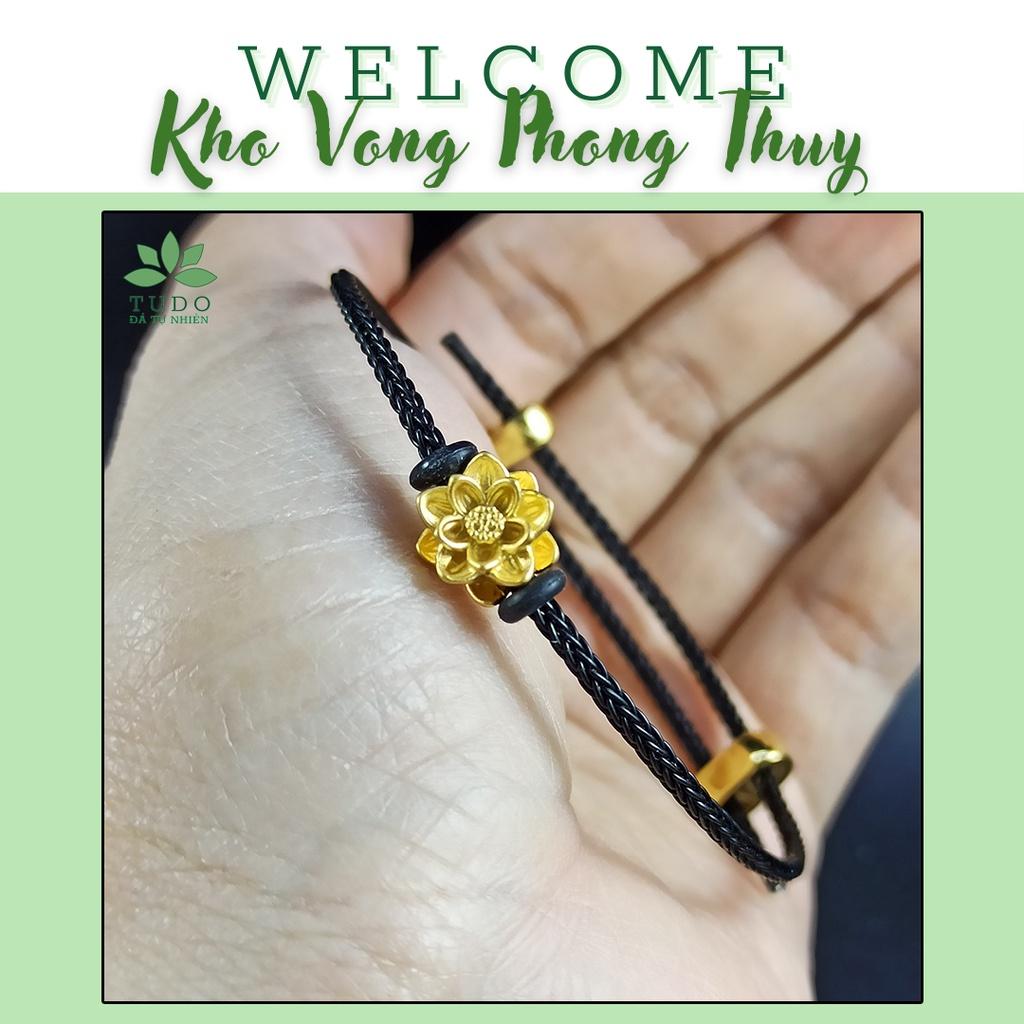 Vòng tay phong thủy charm Vàng24K Hoa Sen Vô Ưu mix dây cáp đen 2 li freesize