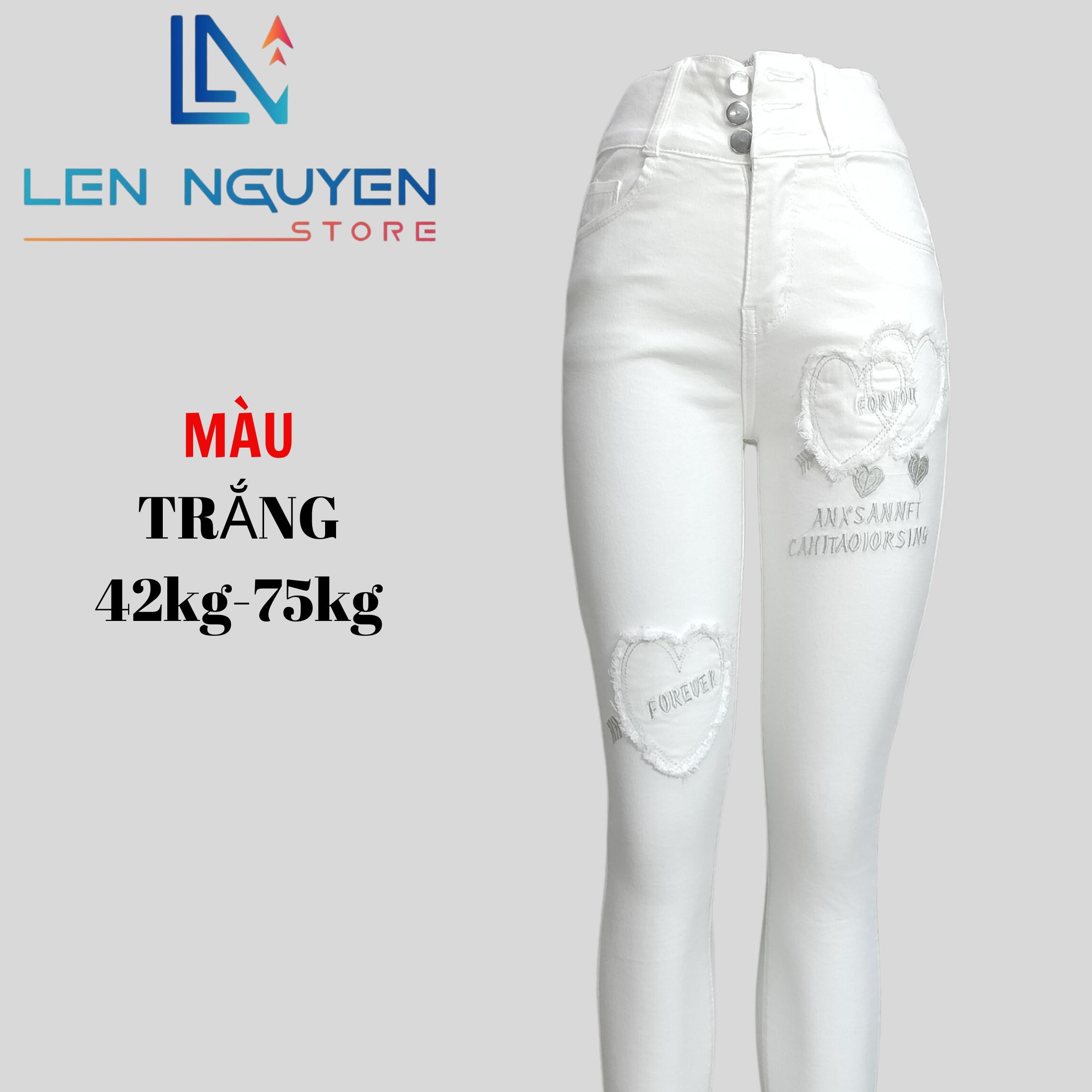 D38_ Quần Jean Nữ Dài 3 Nút Thiết Kế Thiết Kế Thiêu Đắp Dễ Thương,Lưng Cao,Thiết Kế Thêu Tim Quần Jean Nữ Dài Có Bigsize Từ 42kg đến 80kg Pants Xám Women Trắng