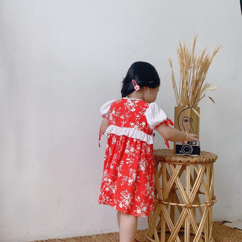 ĐẦM HOA ĐỎ TAY NGẮN PHỐI TRẮNG