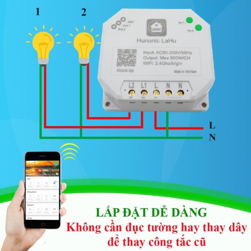 Công Tắc Điện Thông Minh Hunonic Lahu 2 Kênh│Công tắc wifi điều khiển từ xa qua điện thoại│Hàng Việt Nam