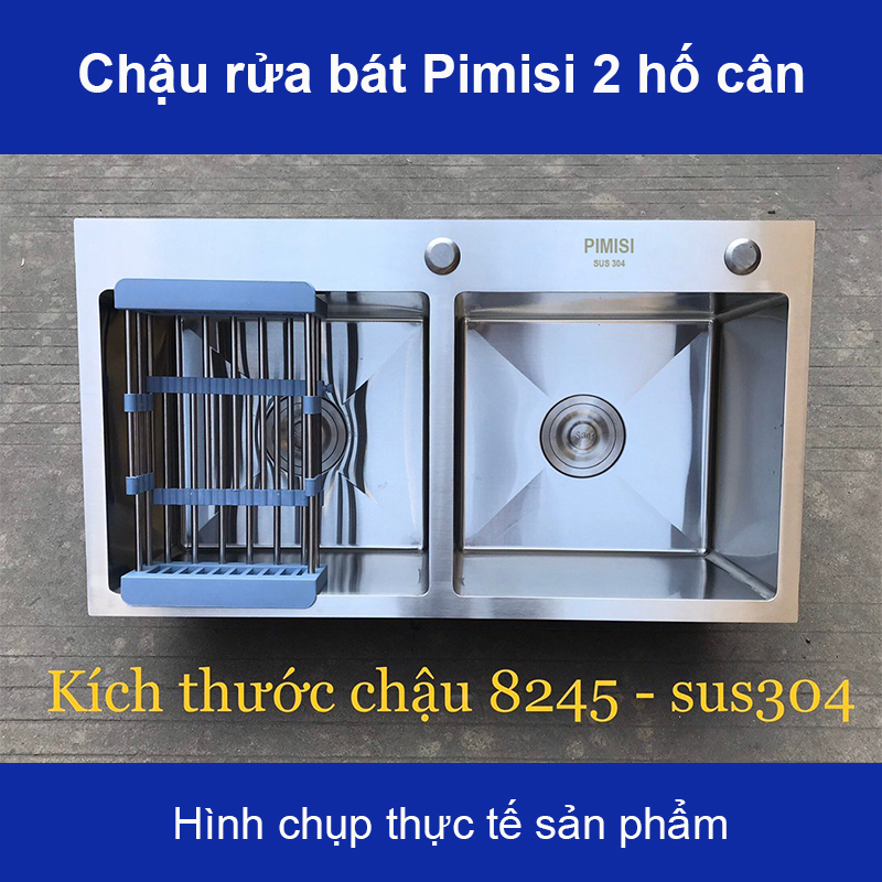 Chậu rửa bát chén inox 304 Pimisi đúc 2 hố cân, kích thước bồn rửa chén 78 x 43 - 82 x 45 cm làm từ thép không gỉ sus 304 đầy đủ xi phông loại to và kèm rổ đựng đồ dùng để rửa chén bát gắn được cả âm - dương bàn đá bếp | Hàng chính hãng