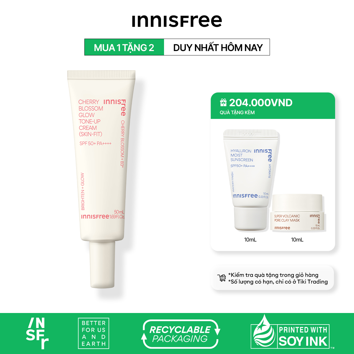 Kem Dưỡng Ẩm Làm Sáng Chống Nắng Cho Da Innisfree Cherry Blossom Glow Skin - Fit Tone - Up Cream Spf 50Pa 50Ml