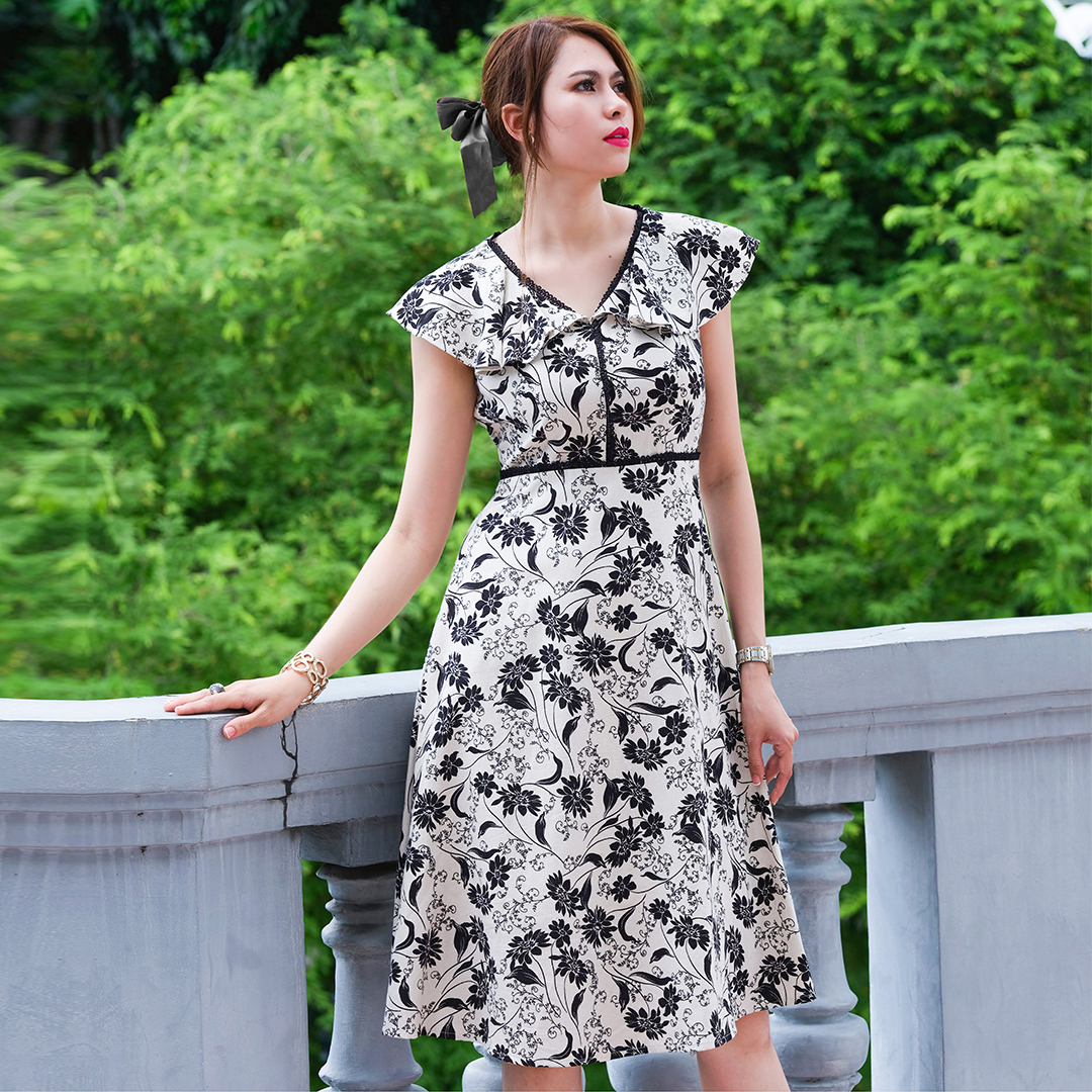 Đầm Linen Đầm Chữ A Đầm Kiểu Cao Cấp Hoa Thời trang thiết kế Hity DRE129 (In Hoa)