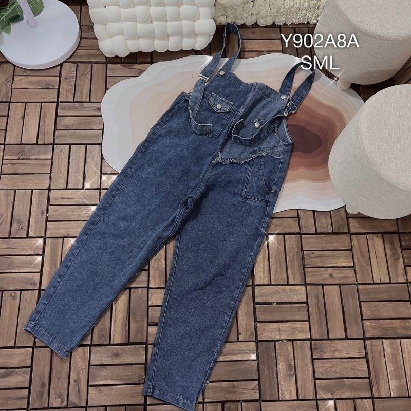 Quần yếm jeans nữ ống suông rộng 2 túi cột nơ, quần yếm xanh jean dài dáng rộng