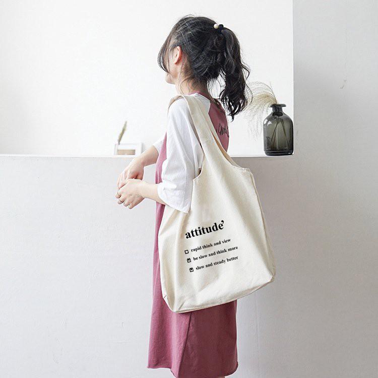 Túi Tote Vải Canvas in chữ Phong Cách Ulzzang (Có Khóa Kéo)