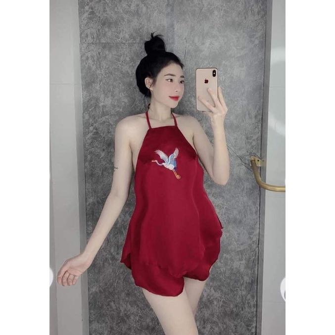 Sét yếm nữ gợi cảm hạc thêu chất satin, đồ ngủ sexy mùa hè- Phuongaliceshop