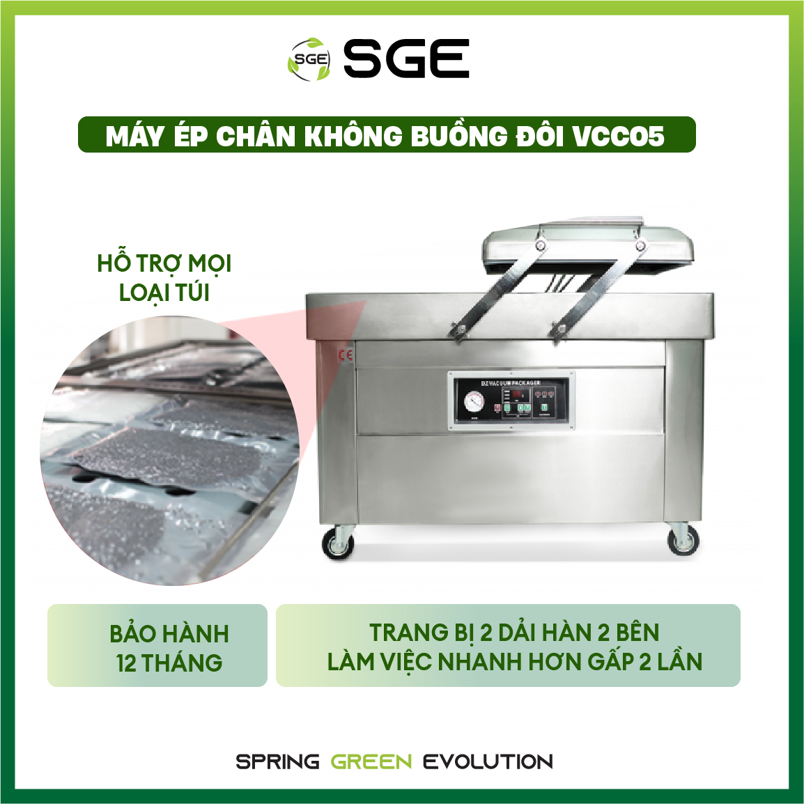 Máy hút chân không buồng đôi VCC05 là máy hạng nặng cho công nghiệp. Hút chân không đa dạng. Hàng chính hãng Thái Lan