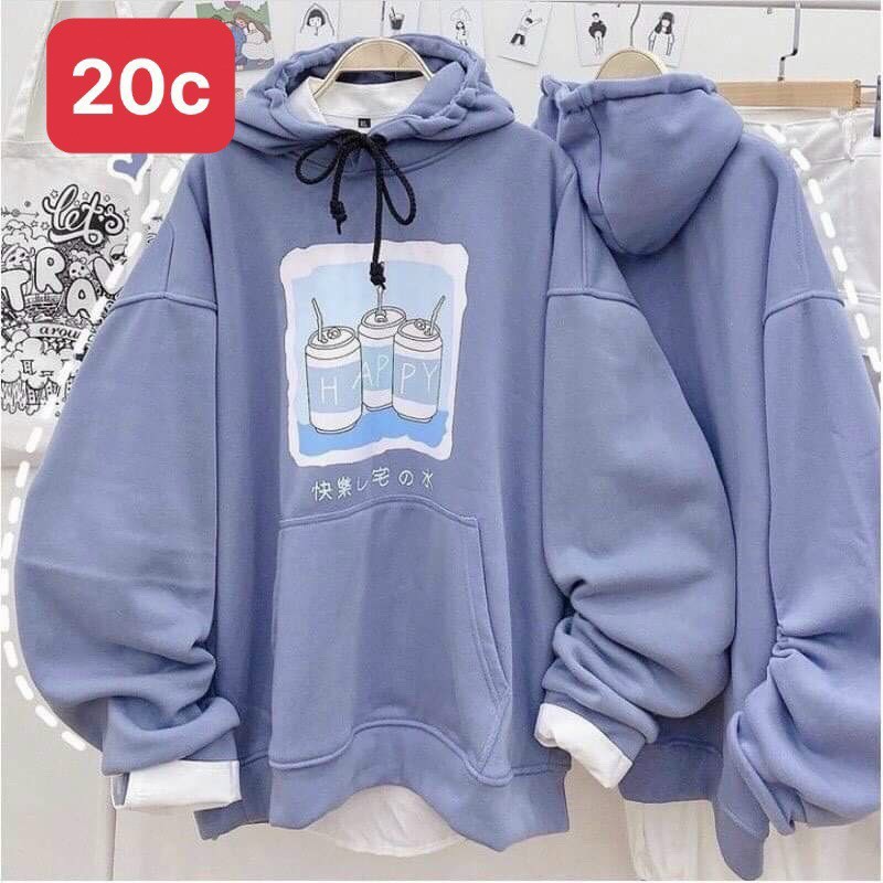 Áo hoodie 3 lon nước happy dập nổi, Áo nỉ hoodie tay phồng 3 ly nước happy chất nỉ mềm nhẹ, không bai xù, form dáng rộng hàn quốc, size dưới 68kg