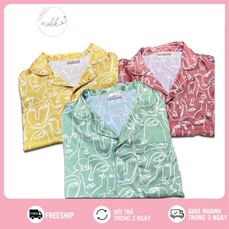 Bộ ngủ Pijama lụa họa tiết mặt người cộc tay cao cấp NOHK