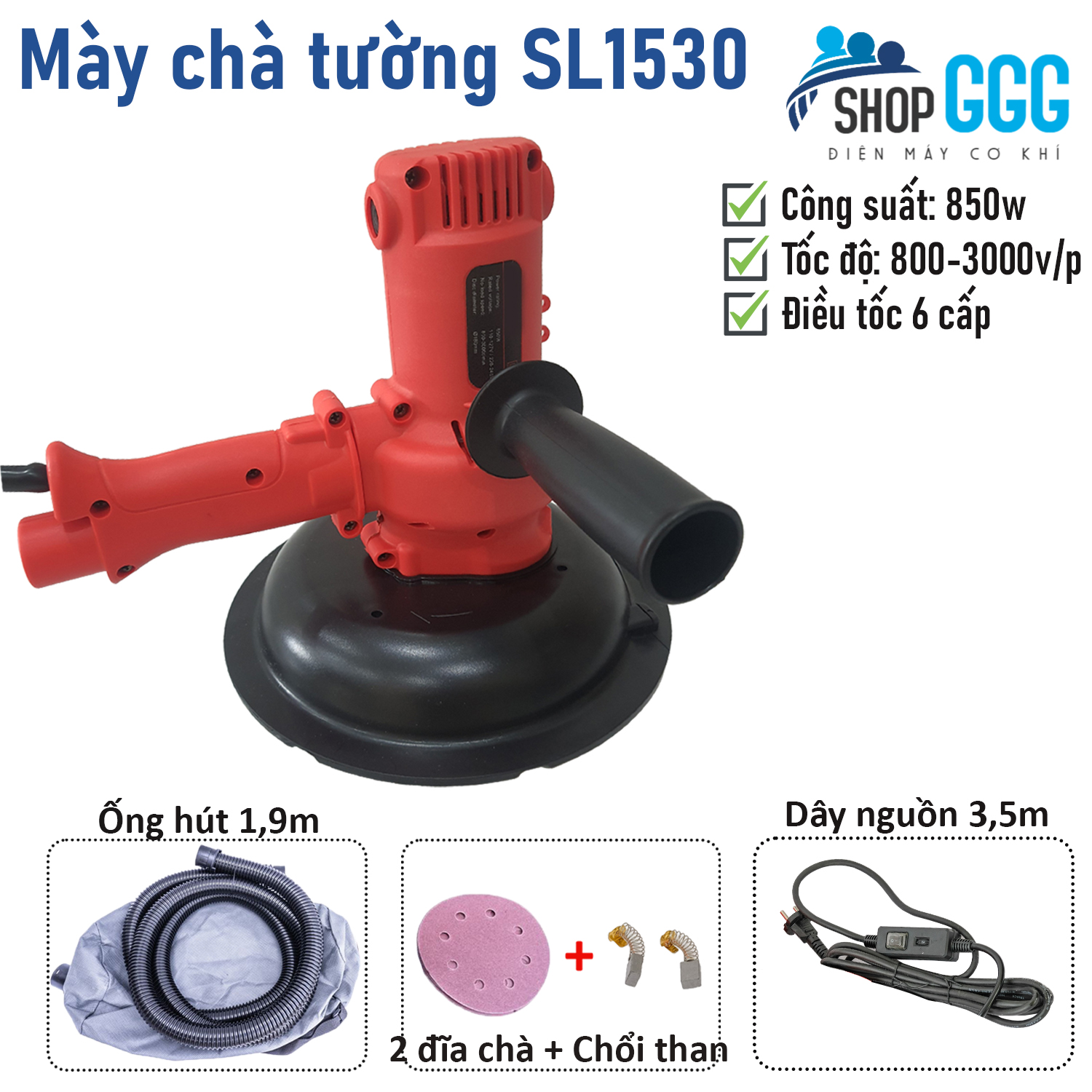 Mày chà tường SL1530 công suất 850w, đĩa mài 180mm - 6 cấp điều chỉnh tốc độ - Có hút bụi - Máy xoa tường, chà nhám tường