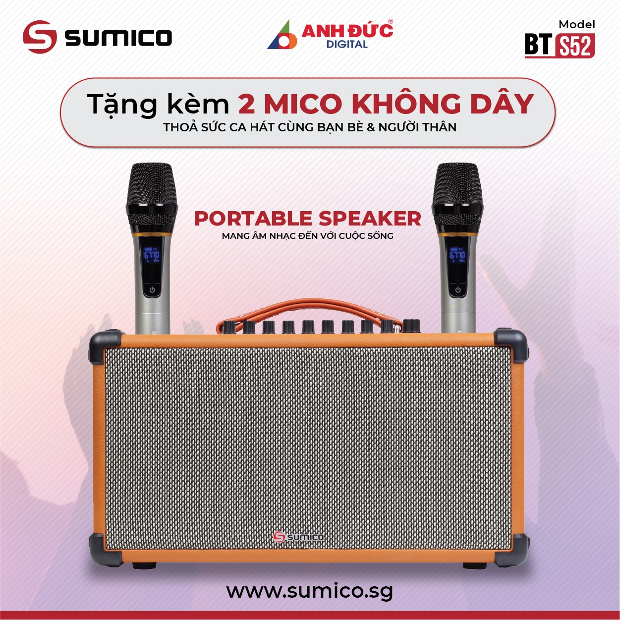 Loa Karaoke Xách Tay Sumico BT-S52 - Kèm 2 Micro Không Dây - Hàng Chính Hãng