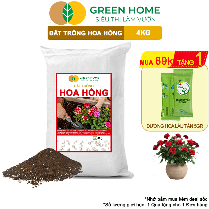 Đất Trồng Hoa Hồng Greenhome, Sfarm, Túi 4Kg, Hữu Cơ, Trộn Sẵn, Tiện Lợi, Đầy Đủ Dinh Dưỡng
