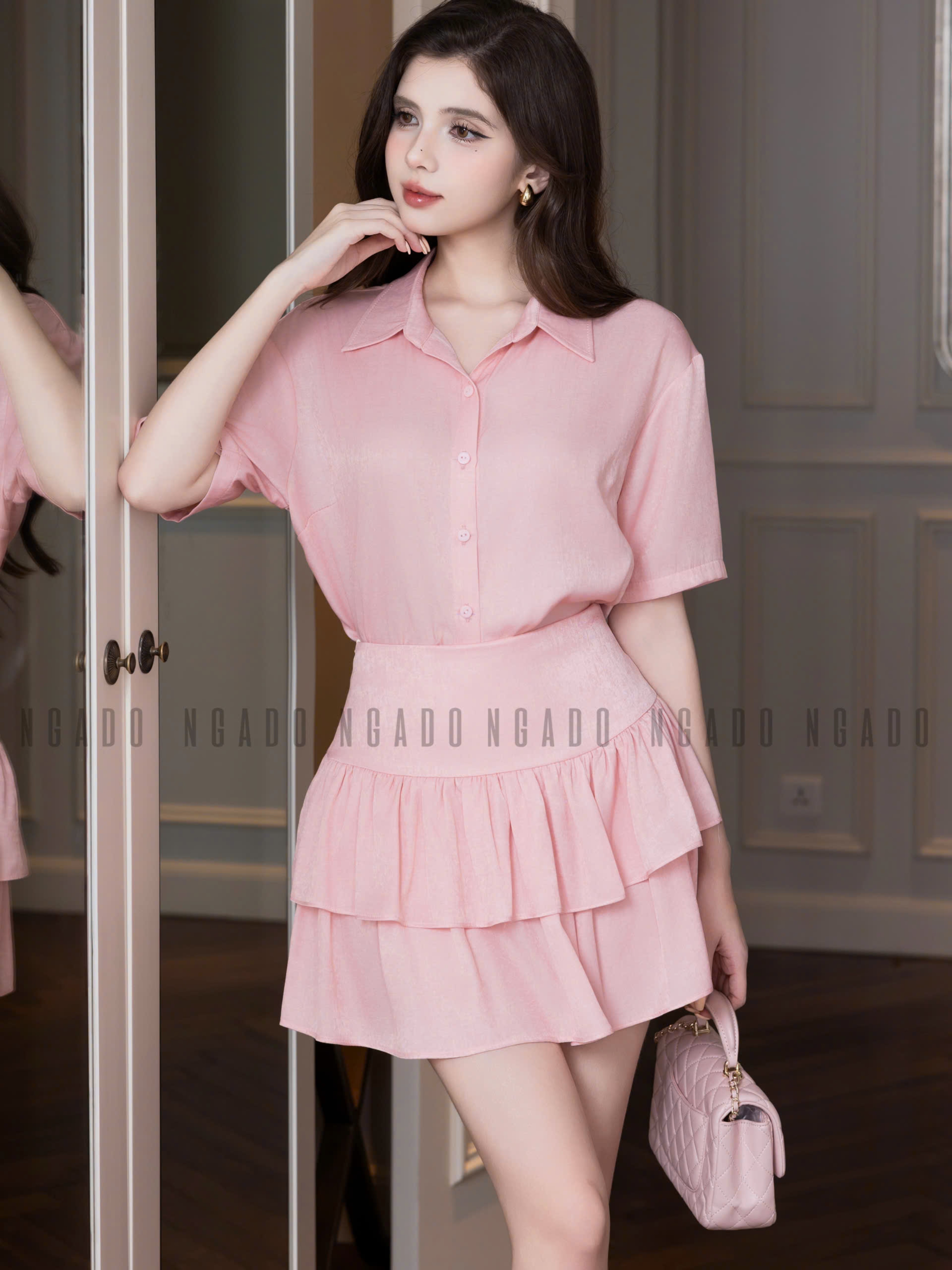 Set áo váy sơ mi hồng NGADO , set áo sơ mi chân váy , set áo váy Nữ , set dạo phố