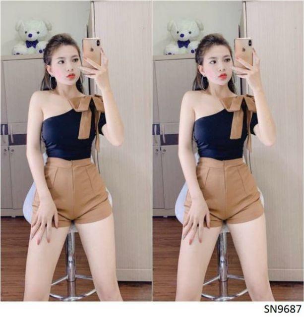 Sét áo lệch vai phối nơ