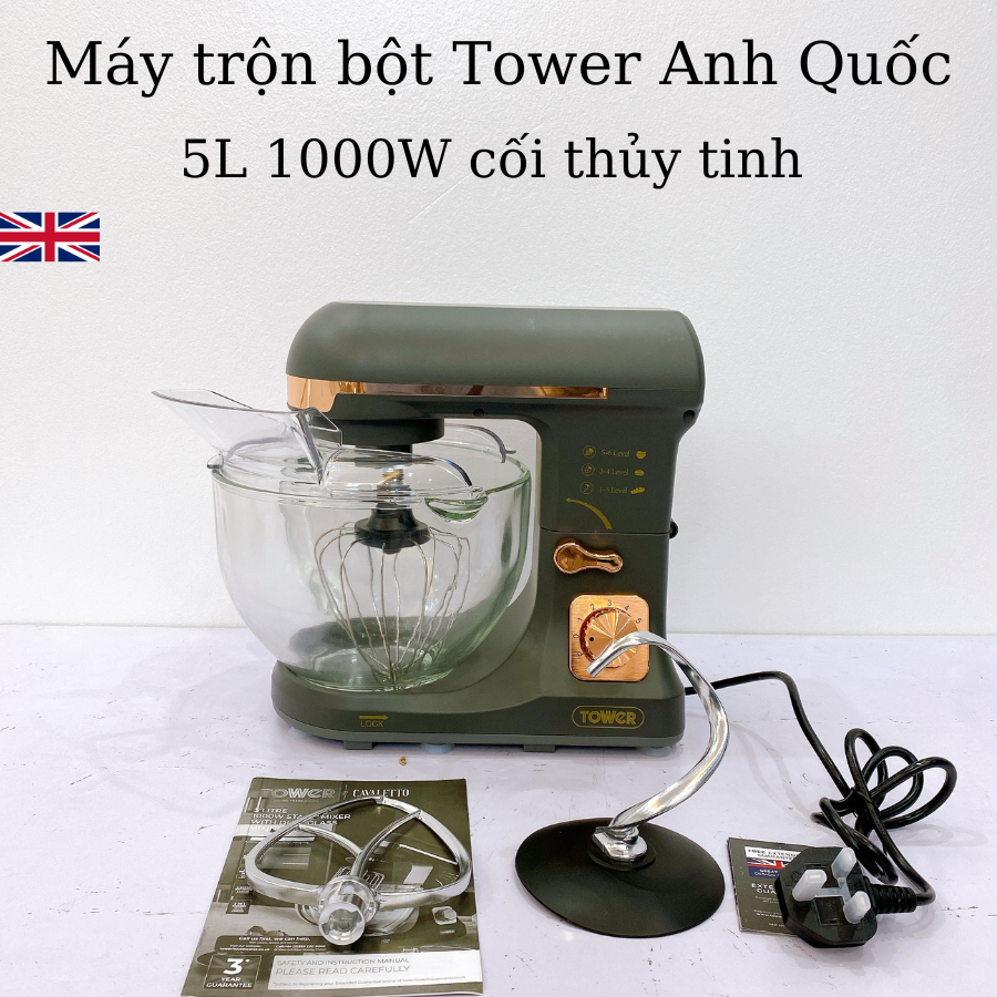 Máy trộn bột TOWER 5L 1000W thố thủy tinh - thương hiệu Anh Quốc - Hàng chính hãng