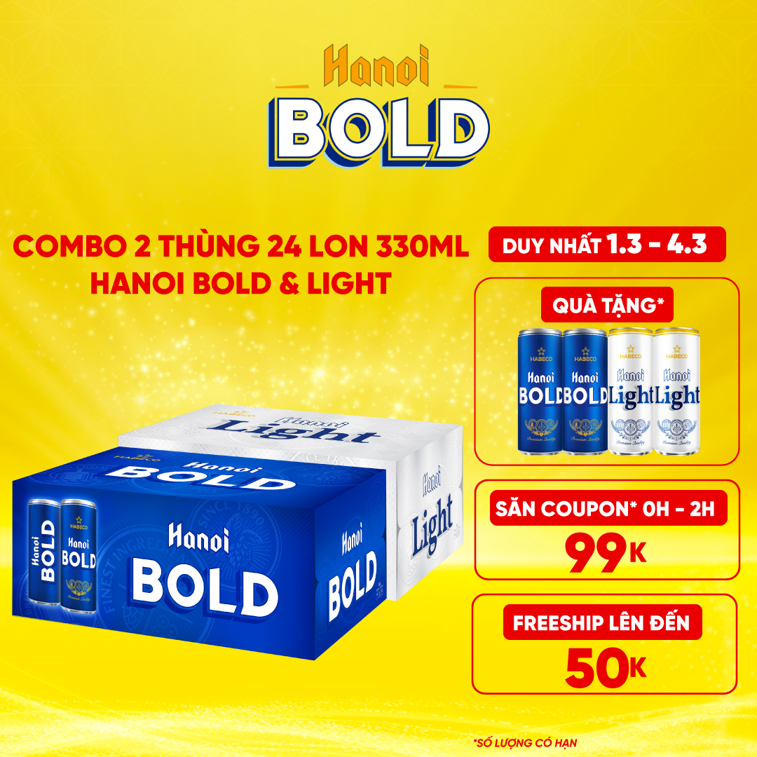 Combo 2 Thùng Bia Hanoi BOLD &amp; LIGHT - Thùng 24 lon 330ml