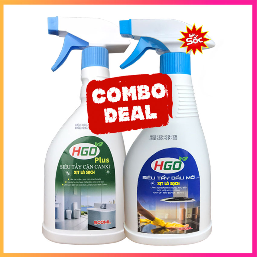 Combo tẩy cặn canxi nhà tắm HGO Plus + tẩy dầu mỡ nhà bếp HGO bình xịt 500ml, sử dụng tiện lợi hiệu quả tiết kiệm