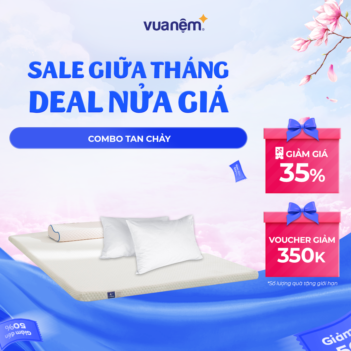 Combo Tan Chảy - Topper nệm đa năng Memory Foam trà xanh Goodnight Carina &amp; Đôi Gối bông mềm mại Doona Promo 45*65cm