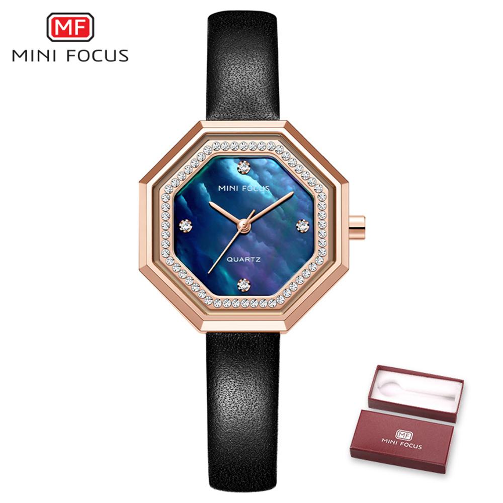  Đồng hồ thời trang nữ với dây đeo bằng da đính kim cương pha lê Chống thấm nước 
MINI FOCUS Women Quartz Watch Octagon Case-Màu Đen & Vàng hồng