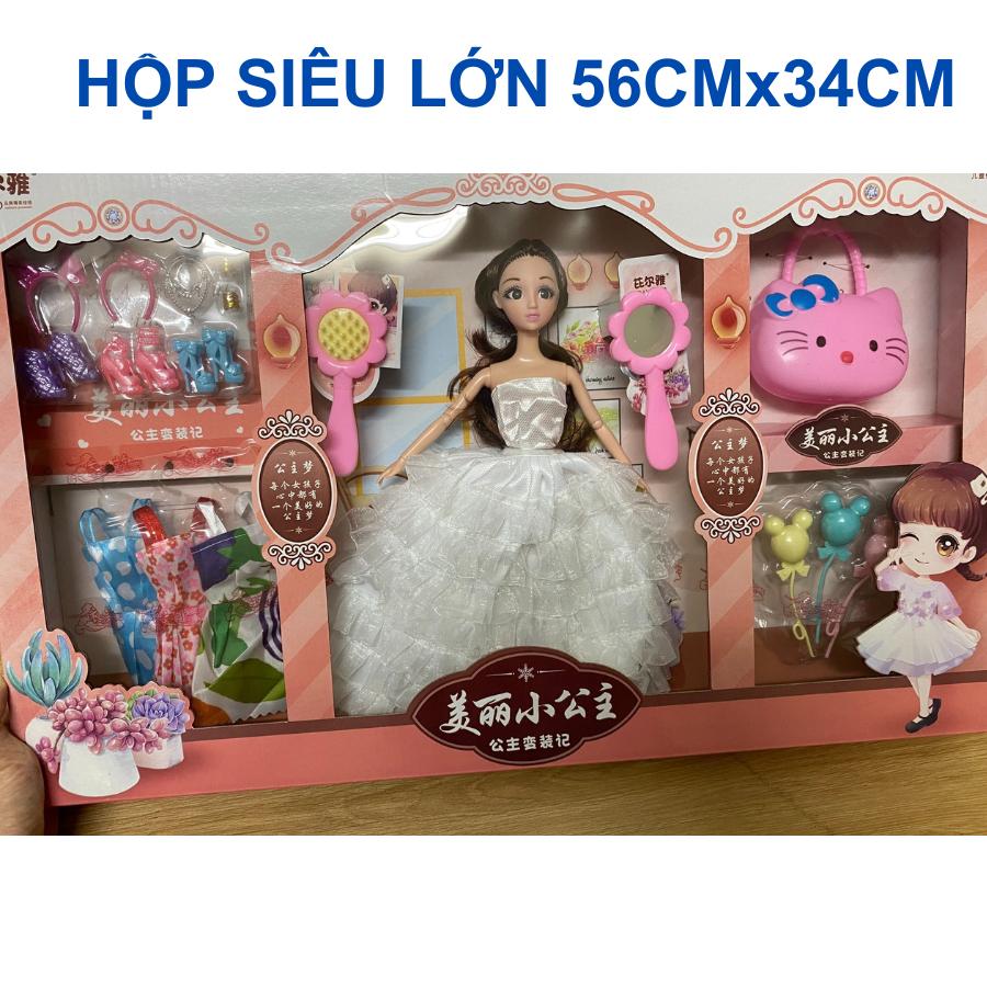 Búp bê công chúa, búp bê barbie hộp siêu lớn 56x34cm gồm 03 váy, 03 giày, trang sức và phụ kiện cho bé gái