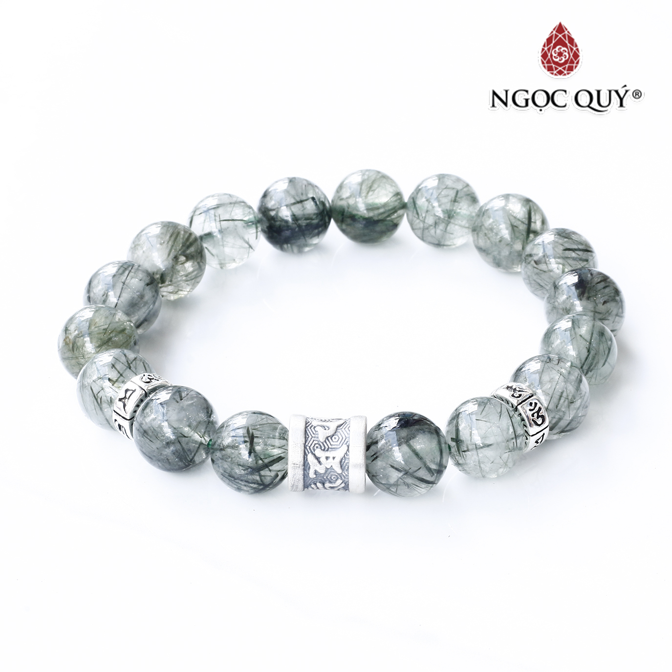 Vòng thạch anh tóc xanh phối charm lục tự bạc mệnh hỏa, mộc - Ngọc Quý Gemstones