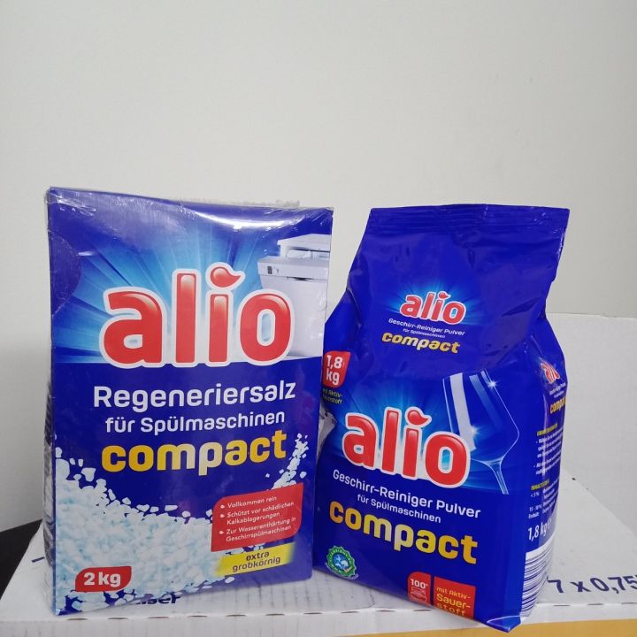 Combo 1 Bột rửa bát Alio 1,8kg và 1 muối Alio 2kg nhập khẩu chính hãng. Tặng 3 viên Finish