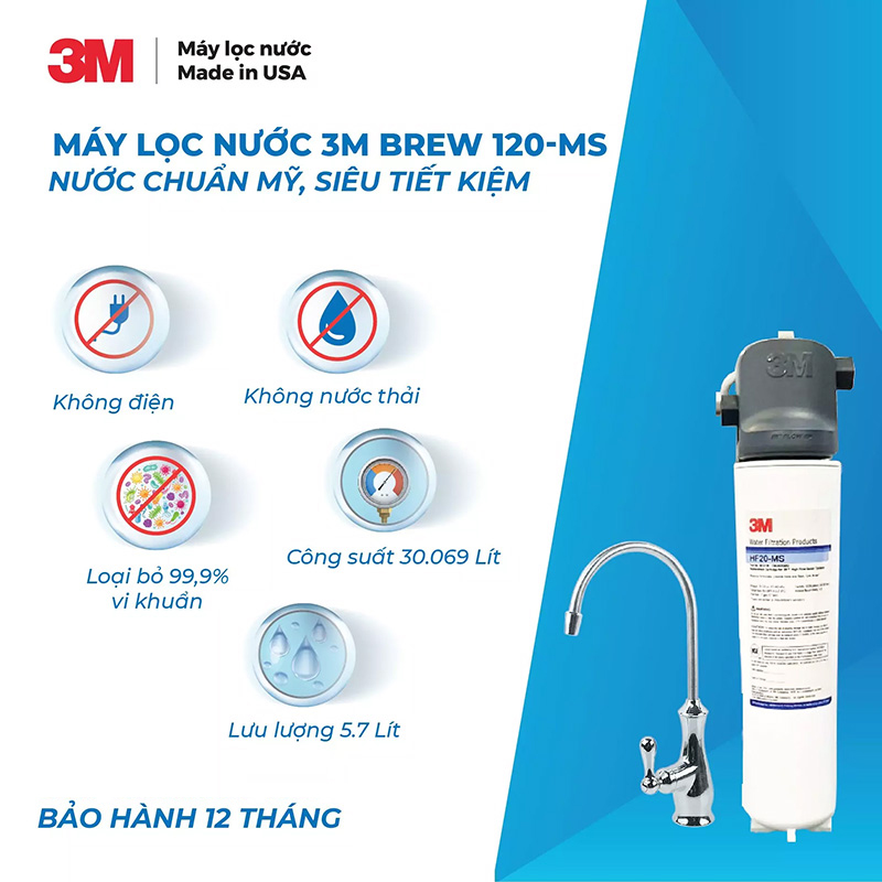 Máy Lọc Nước 3M BREW120-MS Chuẩn Nước Khoáng Uống Trực Tiếp Không Dùng Điện - Nhập Khẩu Mỹ, Hàng Chính Hãng 3M - BREW120MS HF20-MS HF20MS