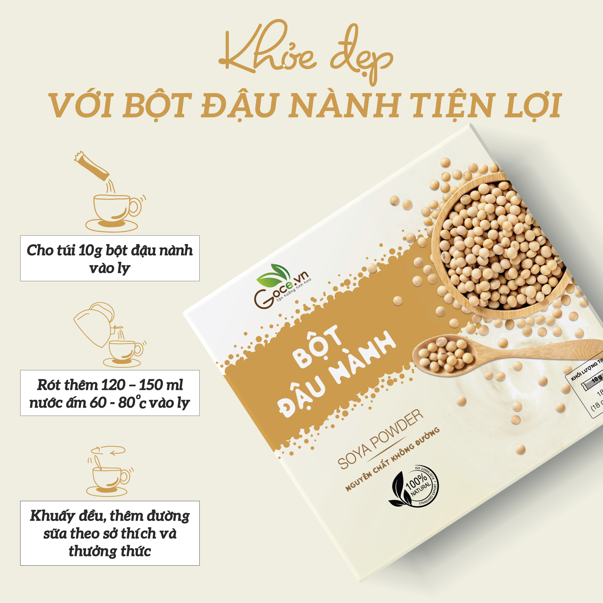 Bột đậu nành nguyên chất Goce - 180g (18 gói x 10g)