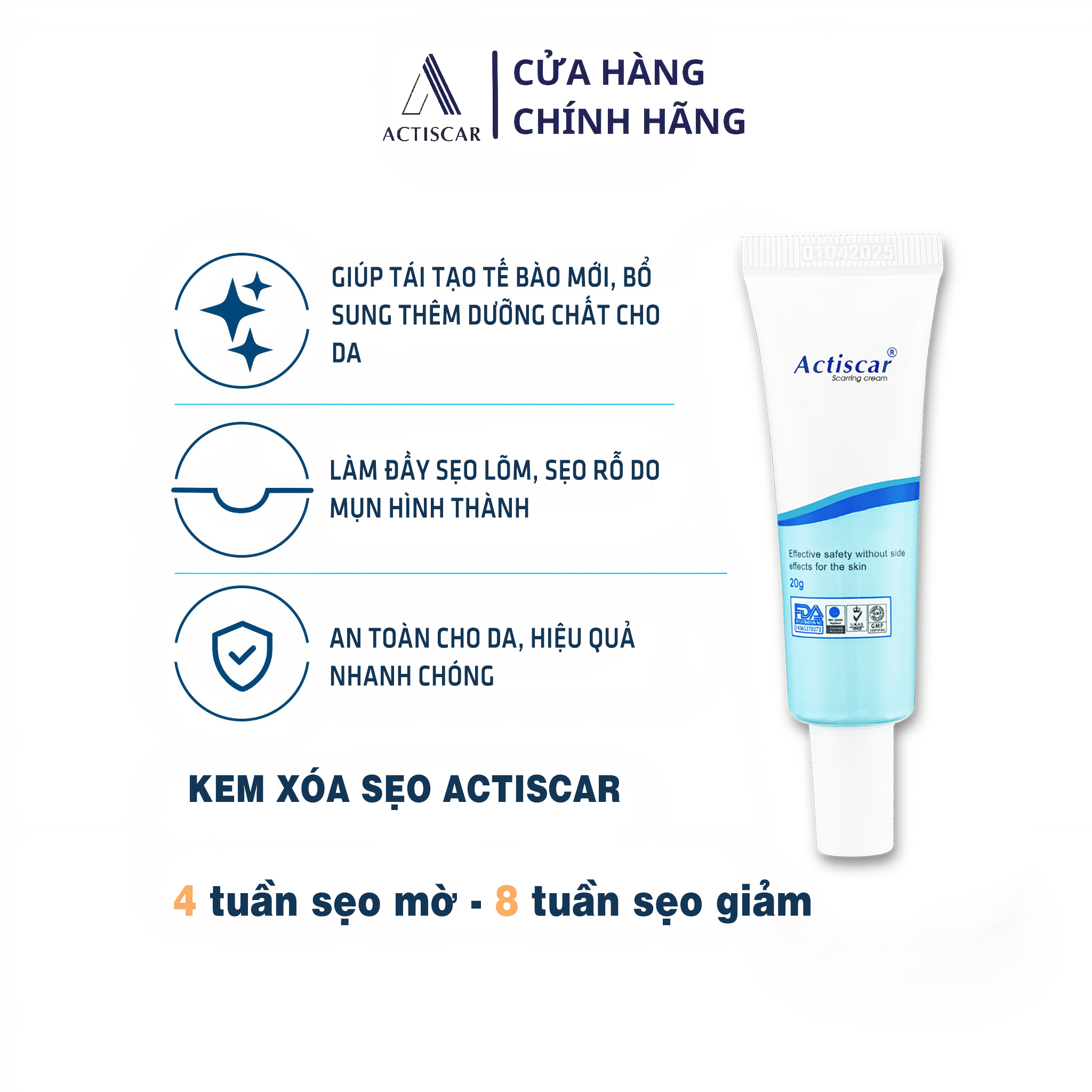 Hỗ Trợ Trị Sẹo Actiscar gồm Kem + Serum + viên uống làm mờ sẹo Lồi, Lõm , Rỗ Thâm